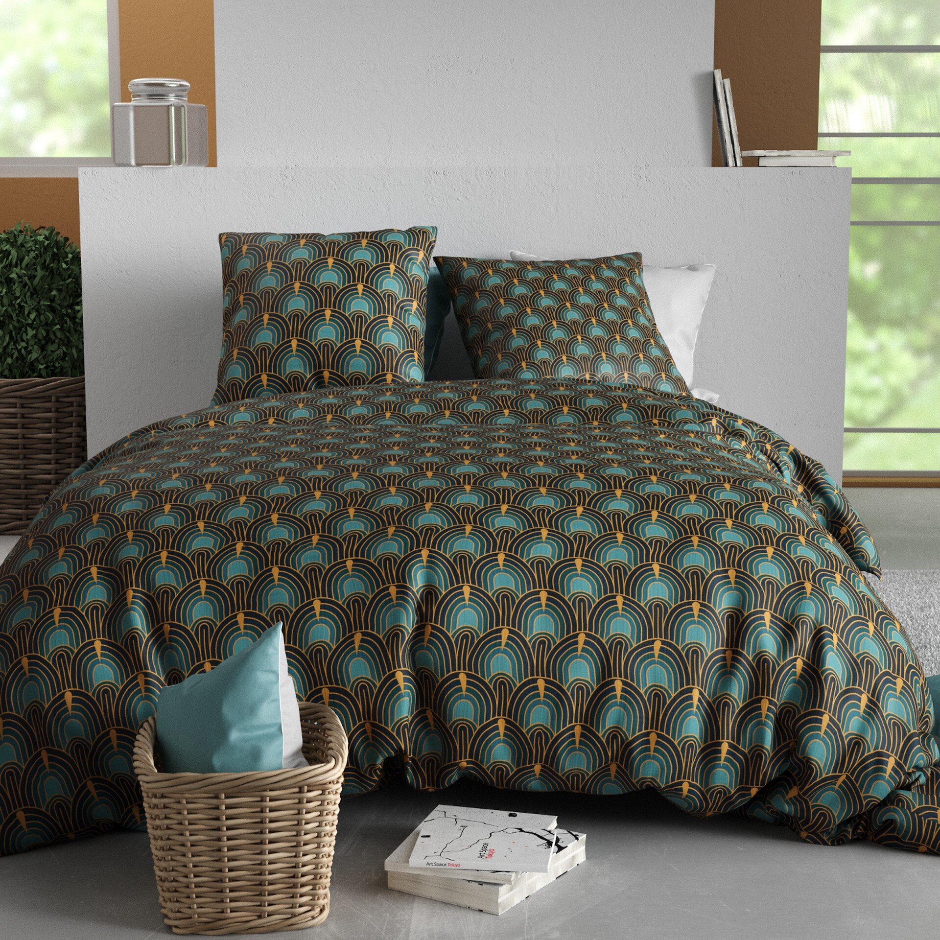 Parure housse de couette imprimée 220x240cm + 2 Taies 100% coton 57fils ROMANA