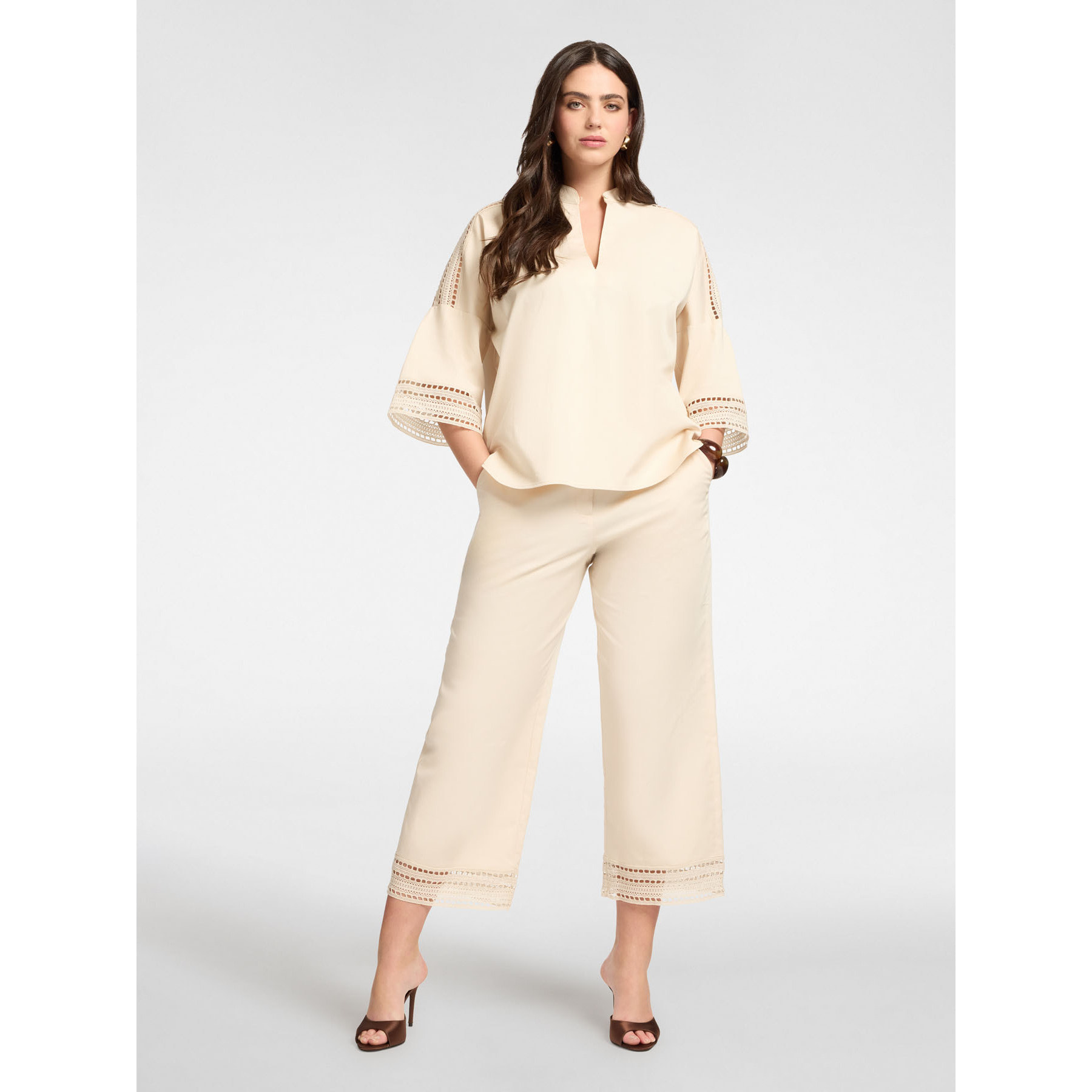 Elena Mirò - Camicia misto cotone con inserti pizzo - Beige