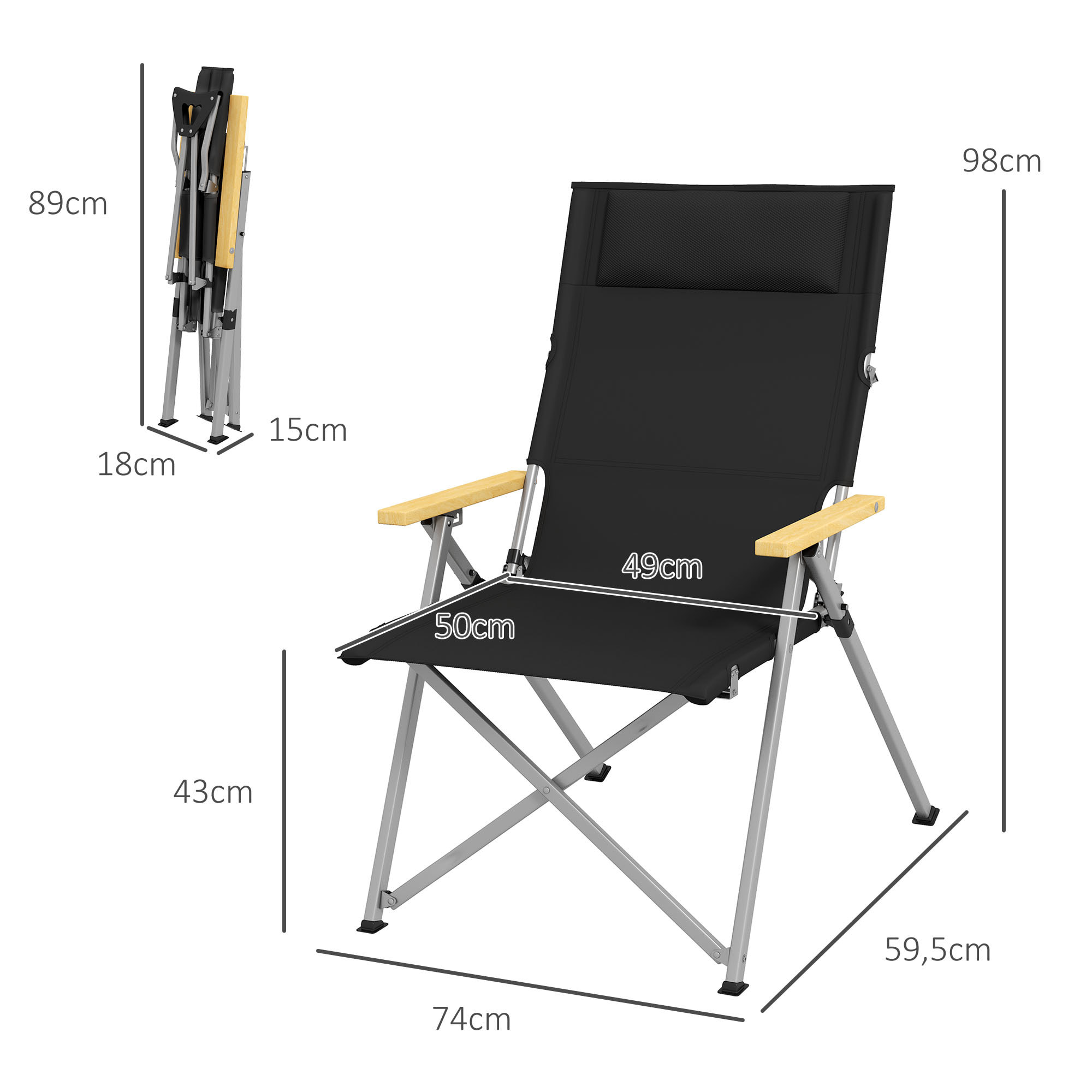 Silla de Camping Plegable de Aluminio con Respaldo Ajustable Reposabrazos de Madera Silla de Jardín Portátil con Bolsa de Transporte para Exterior Piscina Playa 74x59,5x98 cm Negro