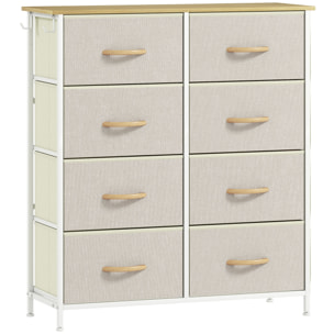 Commode 8 tiroirs en tissu beige 4 poches 2 crochets acier blanc effet bois