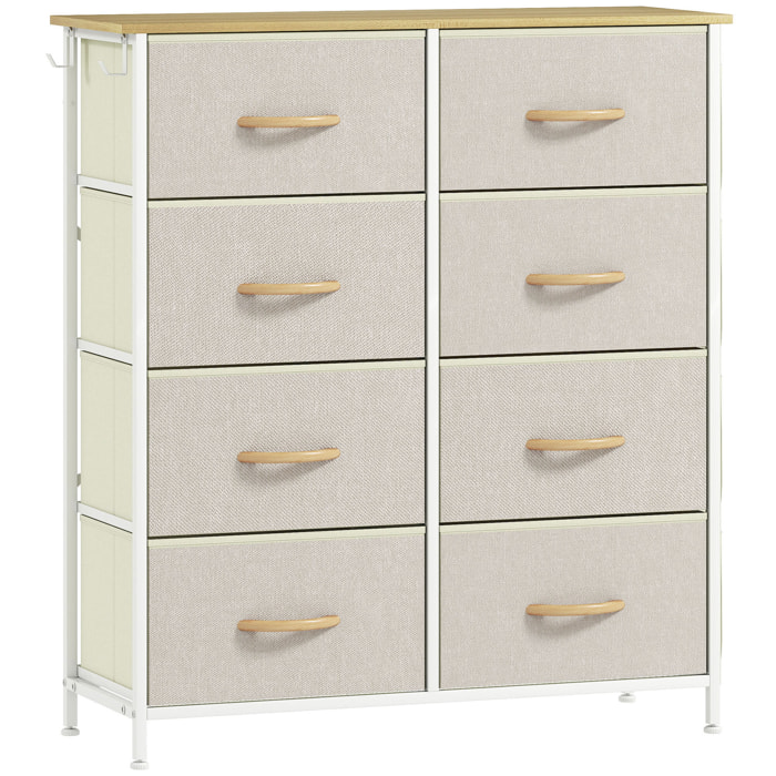Commode 8 tiroirs en tissu beige 4 poches 2 crochets acier blanc effet bois