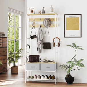 Perchero Zapatero Perchero Entrada Recibidor con Zapatero 8 Ganchos 2 Cajones de Tela Barra Estante de Malla Estilo Industrial para Pasillo Dormitorio Salón 80x30x180,5 cm Natural