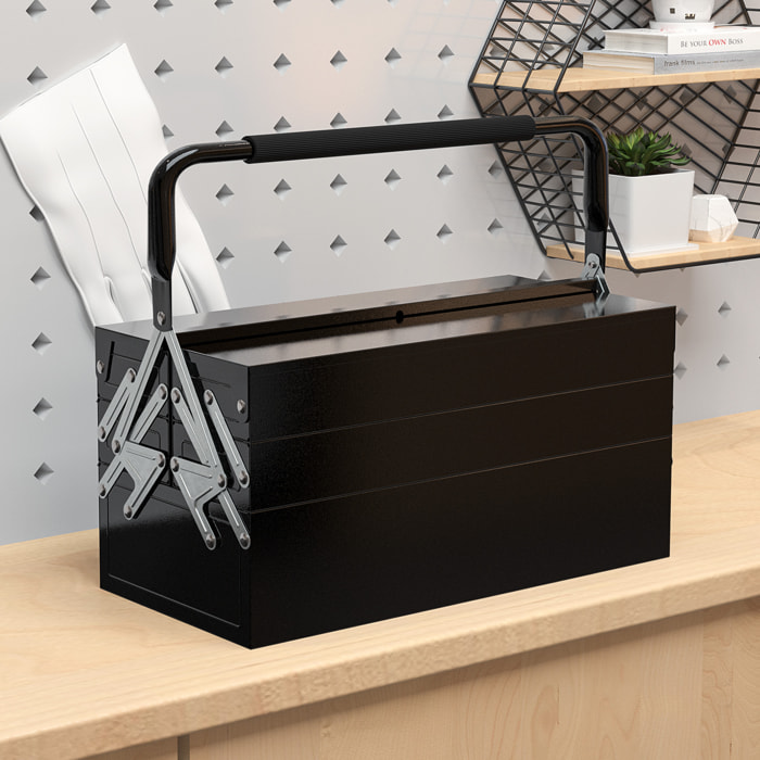 Caja de Herramientas Metálica, Maletín de Herramientas de Acero Plegable con 5 Bandejas y Asa, para Taller, Garaje, 45x20x34,5 cm, Negro