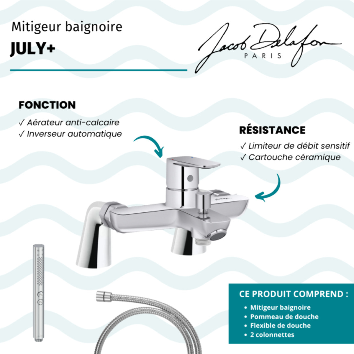 Mitigeur baignoire July+ + pommeau de douche Shift+ rond + flexible de douche métal + colonnettes