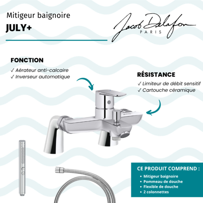 Mitigeur baignoire July+ + pommeau de douche Shift+ rond + flexible de douche métal + colonnettes