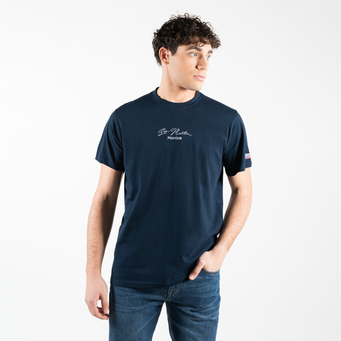 T-shirt con con ricamo centrale e dettaglio della bandiera americana intarsiata sulla manica sinistra