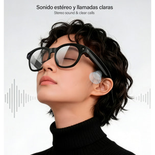 Gafas inteligentes CY03. Con cámara para fotos y videos de 8 MPX, traductor AI en tiempo real y transmisión de video en vivo. Lentes oscuras y transparentes.