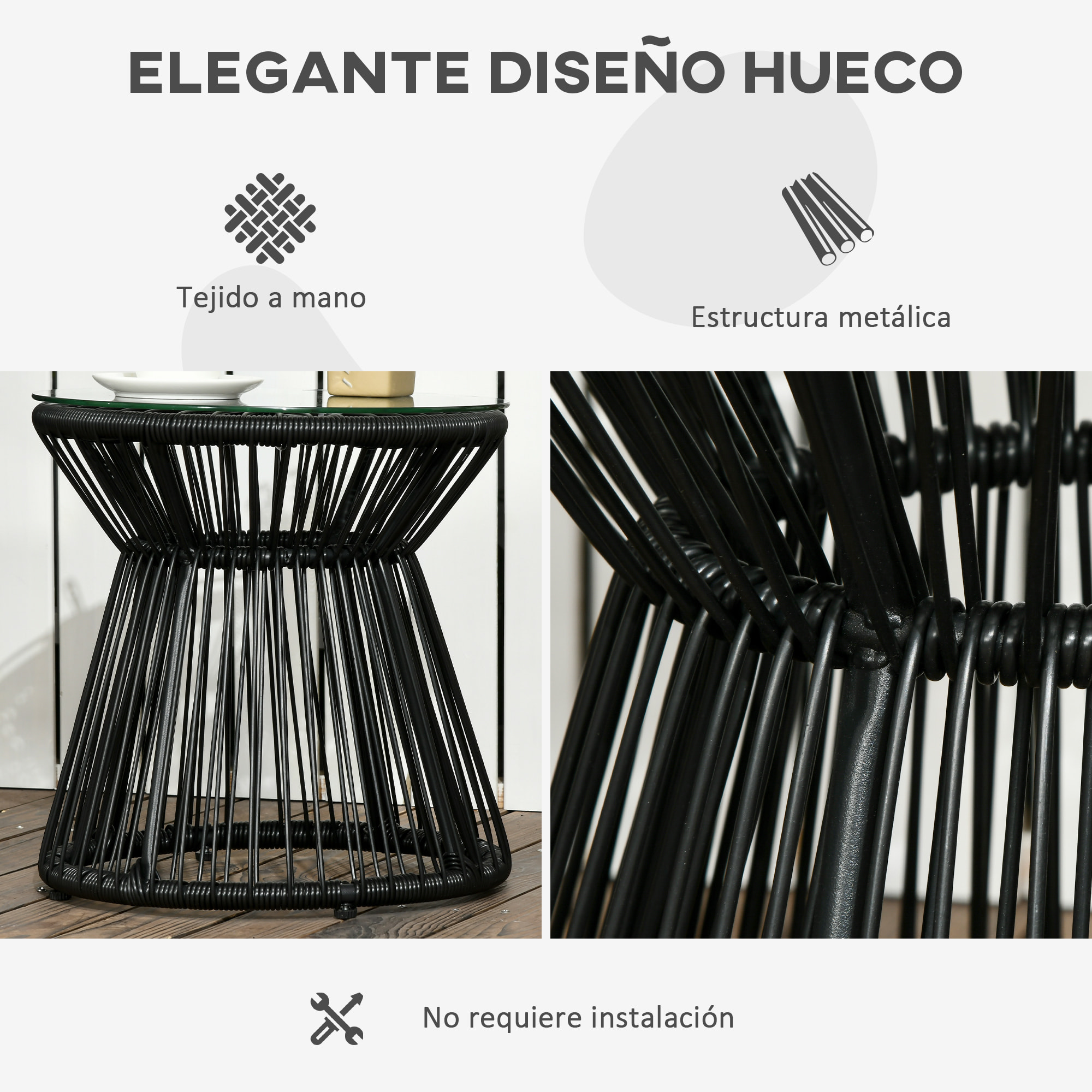 Mesa de Jardín de Ratán Sintético Mesa de Centro Redonda con Tablero de Vidrio Templado y Marco de Metal Carga 30 kg para Patio Jardín Balcón Ø40x42 cm Negro