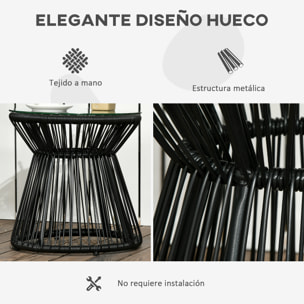 Mesa de Jardín de Ratán Sintético Mesa de Centro Redonda con Tablero de Vidrio Templado y Marco de Metal Carga 30 kg para Patio Jardín Balcón Ø40x42 cm Negro