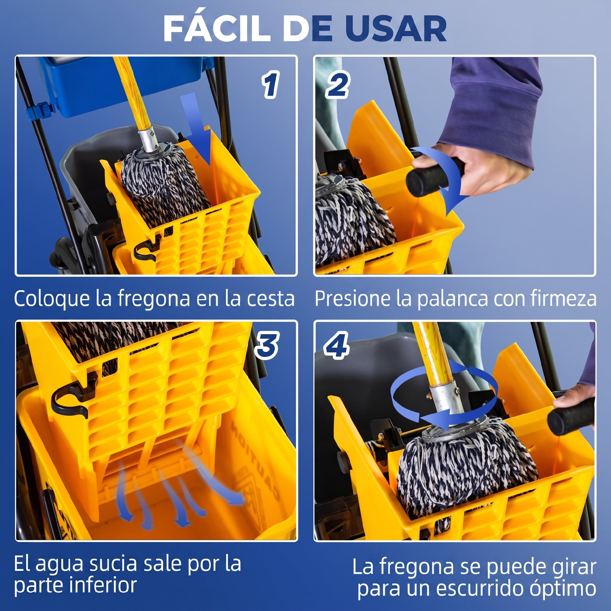Cubo de Fregona con Ruedas, 26 L, Cubo de Fregar con Sistema de Escurridor de Presión Lateral, Asa de Transporte y Doble Cubetas Separadas para Doméstico y Comercial, Amarillo y Azul