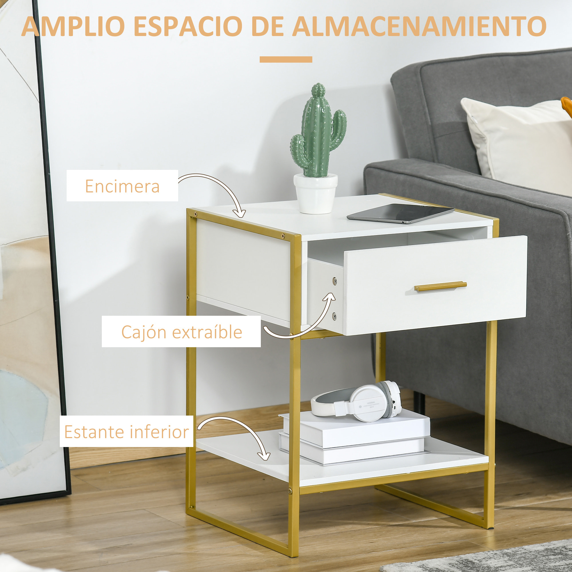 HOMCOM Mesita de Noche Mesa Auxiliar con 1 Cajón y Estante de Almacenamiento para Dormitorio Salón Cama Oficina Estilo Moderno 45x40x60 cm Blanco