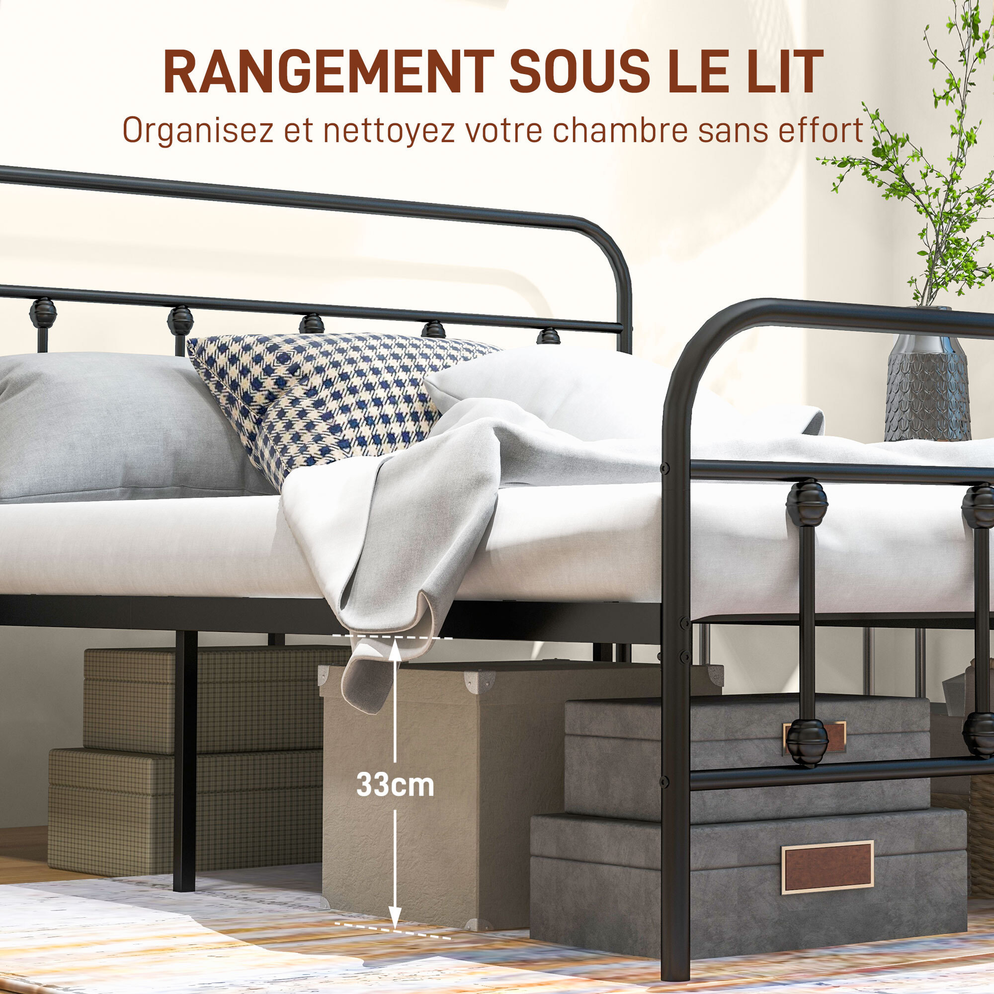 Lit double acier noir - tête de lit, pied de lit et sommier inclus - compatible matelas 140x200 cm