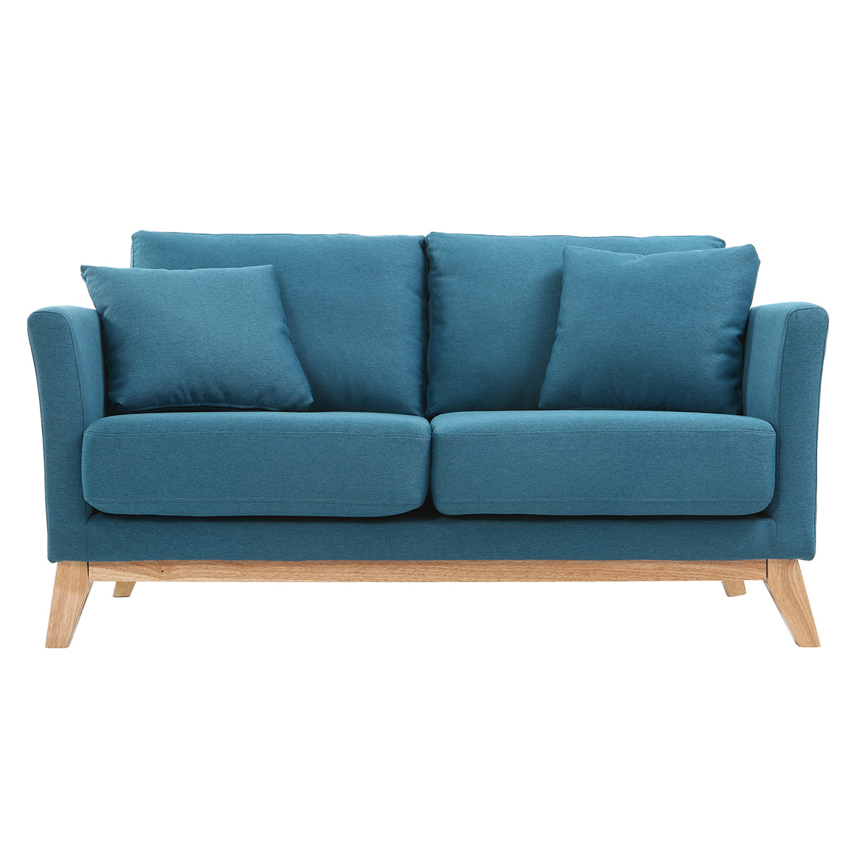 Canapé scandinave déhoussable 2 places en tissu bleu canard et bois clair OSLO