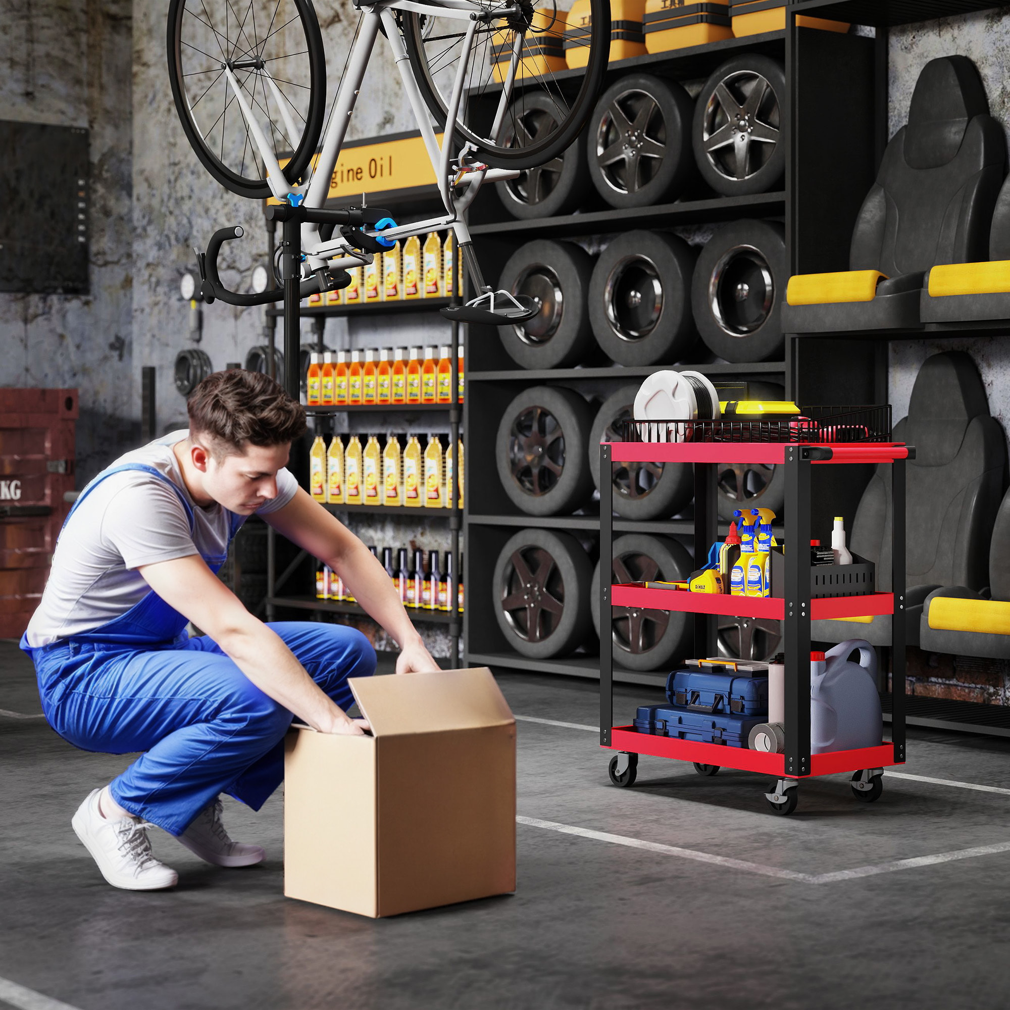 Carro de Taller, Carro de Herramientas con 3 Estantes, Ruedas con Frenos y Asa Lateral, para Garaje Mecánico, Hogar, Carga 120 kg, Rojo