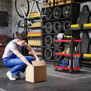 Carro de Taller, Carro de Herramientas con 3 Estantes, Ruedas con Frenos y Asa Lateral, para Garaje Mecánico, Hogar, Carga 120 kg, Rojo