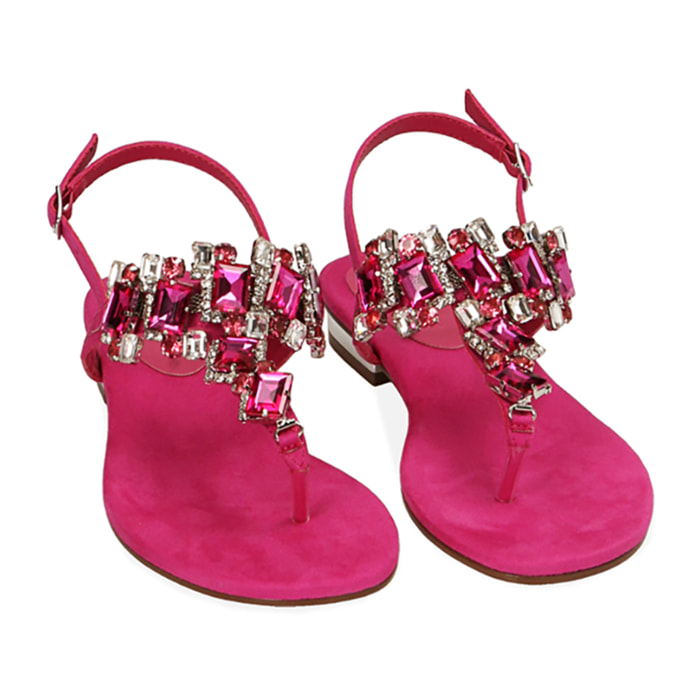 Sandalias planas con pedreria de microfibra fucsia