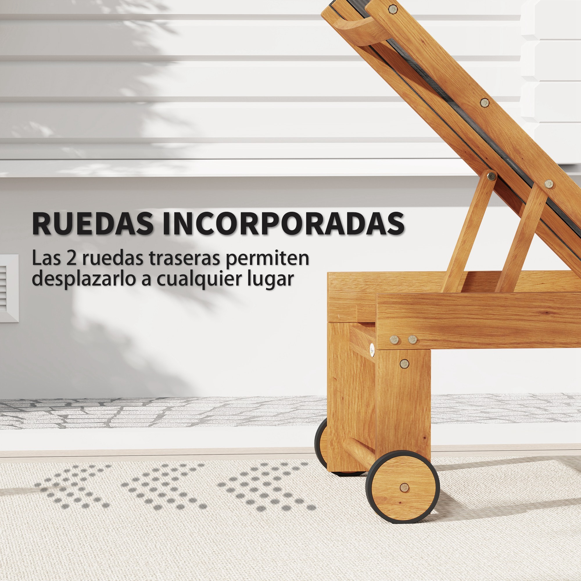 Tumbona de Madera de Acacia Tumbona de Jardín Exterior con Ruedas Respaldo Ajustable en 4 Niveles Carga 160 kg Tumbona para Patio Terraza Balcón Teca y Negro