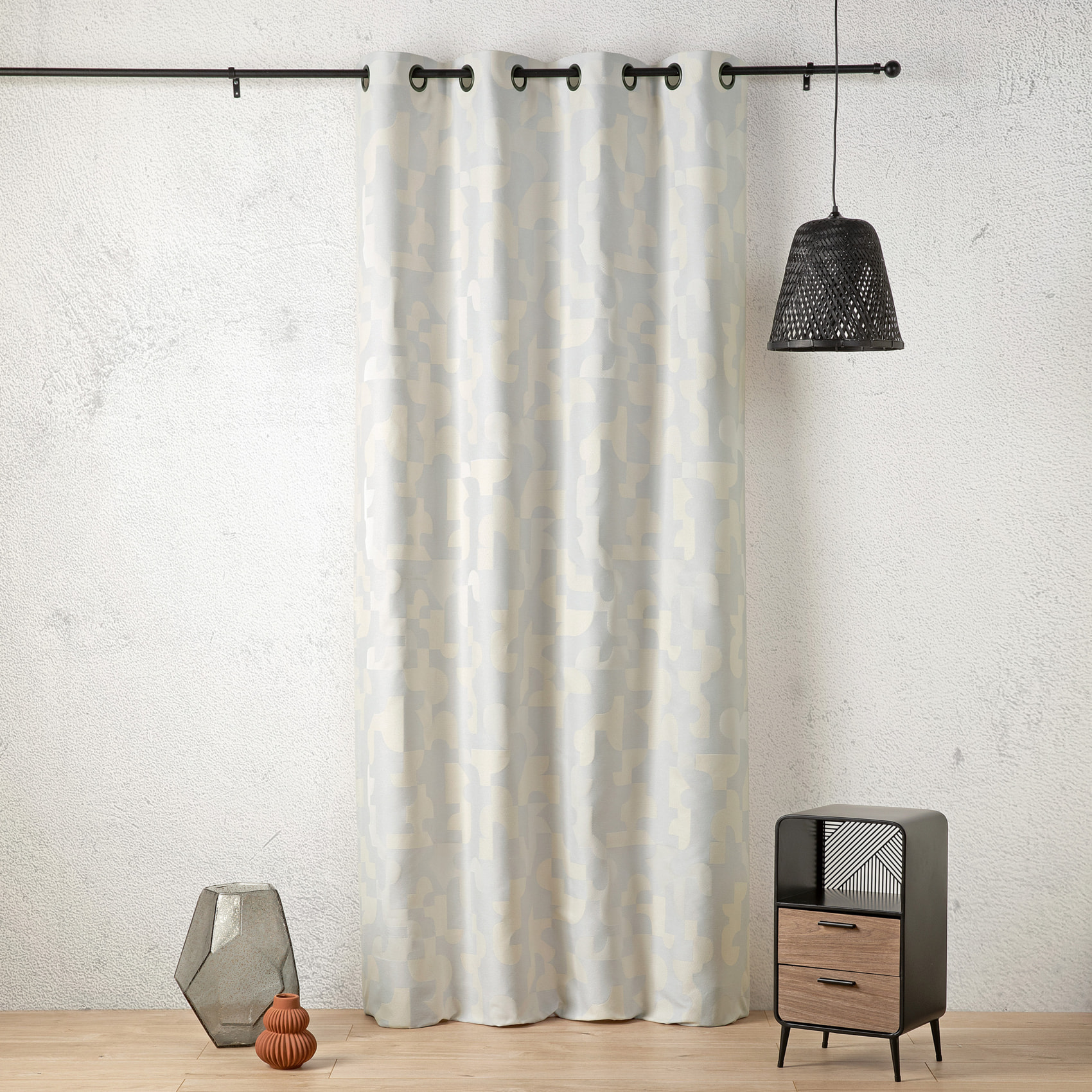 Rideau jacquard géométrique texturé rétro - Ecru