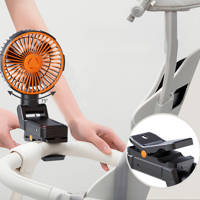 Ventilador A20 con motor sin escobillas, LED con 11 luces, 4 velocidades y 3 niveles de luz. Oscilación de 90º y ángulo ajustable de 180º con pinza de sujeción y 5200mAh.