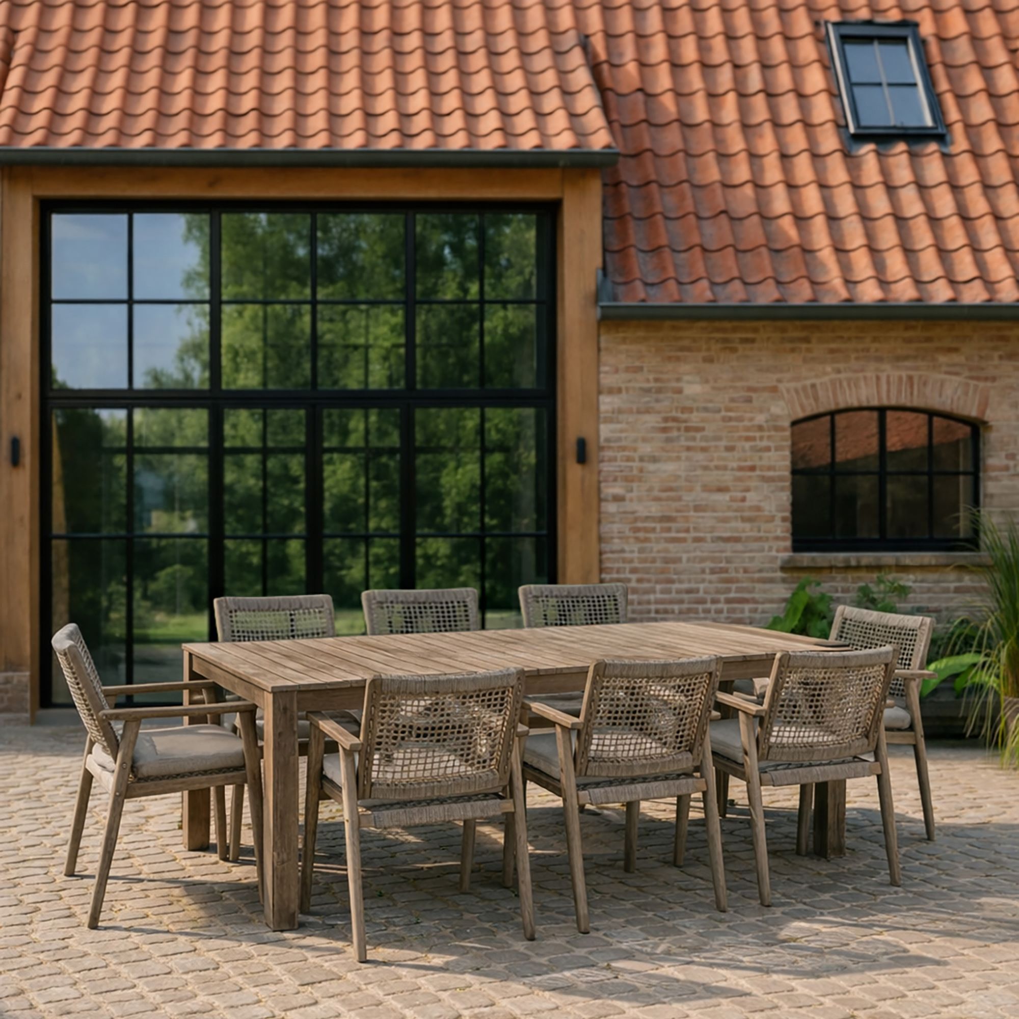 Ensemble table et 8 fauteuils de jardin en bois d'acacia et corde EDEN
