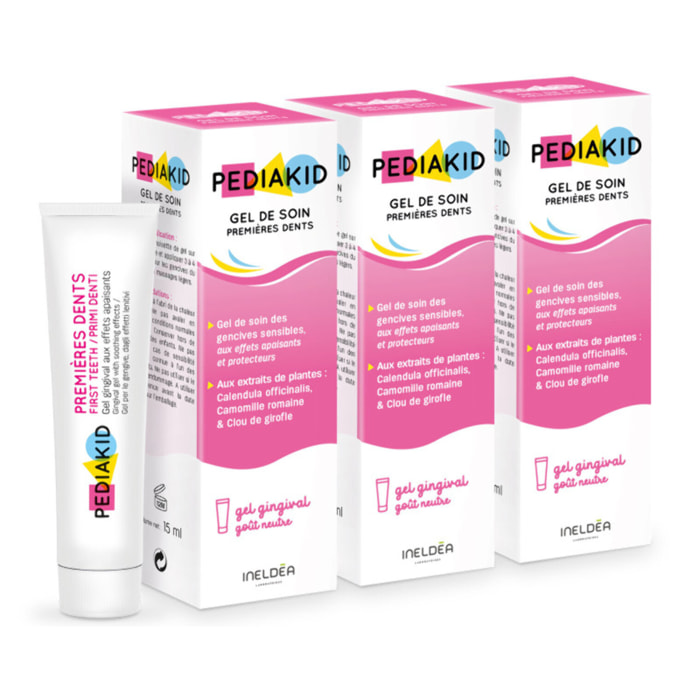 PEDIAKID - Gel de Soin Premières Dents - Gel gingival naturel - Effet apaisant & protecteur en cas de poussées dentaires - Sans parabènes, ni triclosan, ni phtalates, ni BPA - Lot de 3