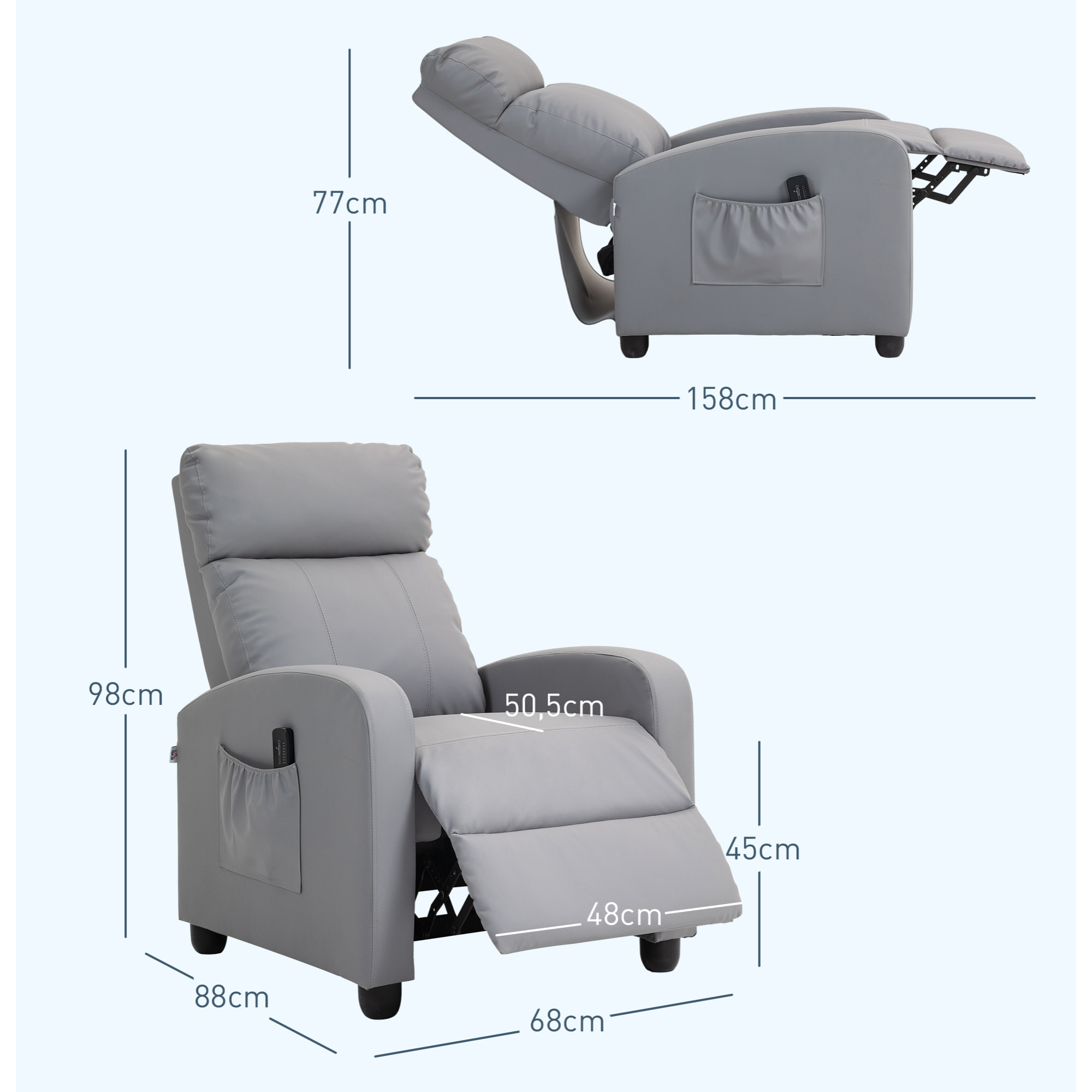 Sillón de Masaje Sillón Relax Reclinable con Mando a Distancia 2 Zonas de Masaje 8 Programas 5 Niveles de Intensidad 1 Bolsillo Lateral y Temporizador Tapizado en PU 68x88x98 cm Gris Claro