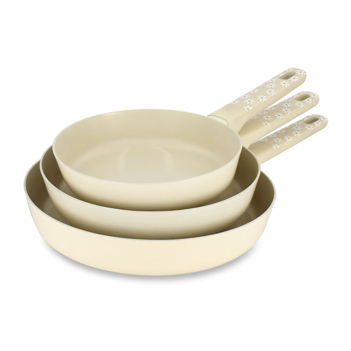 Set de 3 poêles en aluminium et motif marguerite beige MARGUERITE