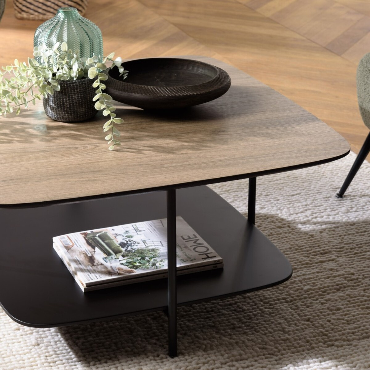 JULIA - Table basse 2 plateaux MM bi-matière mocha/noir pieds métal