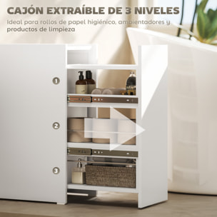 Armario de Baño Estrecho con Cajón Deslizante y Ruedas Mueble de Baño con 3 Compartimentos Mueble Auxiliar para Espacios Pequeños 47x30x66,5 cm Blanco