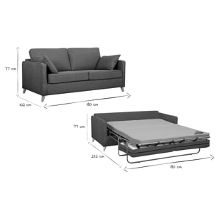 Canapé convertible scandinave 3 places en tissu gris anthracite et bois clair avec matelas 10 cm PAPEL