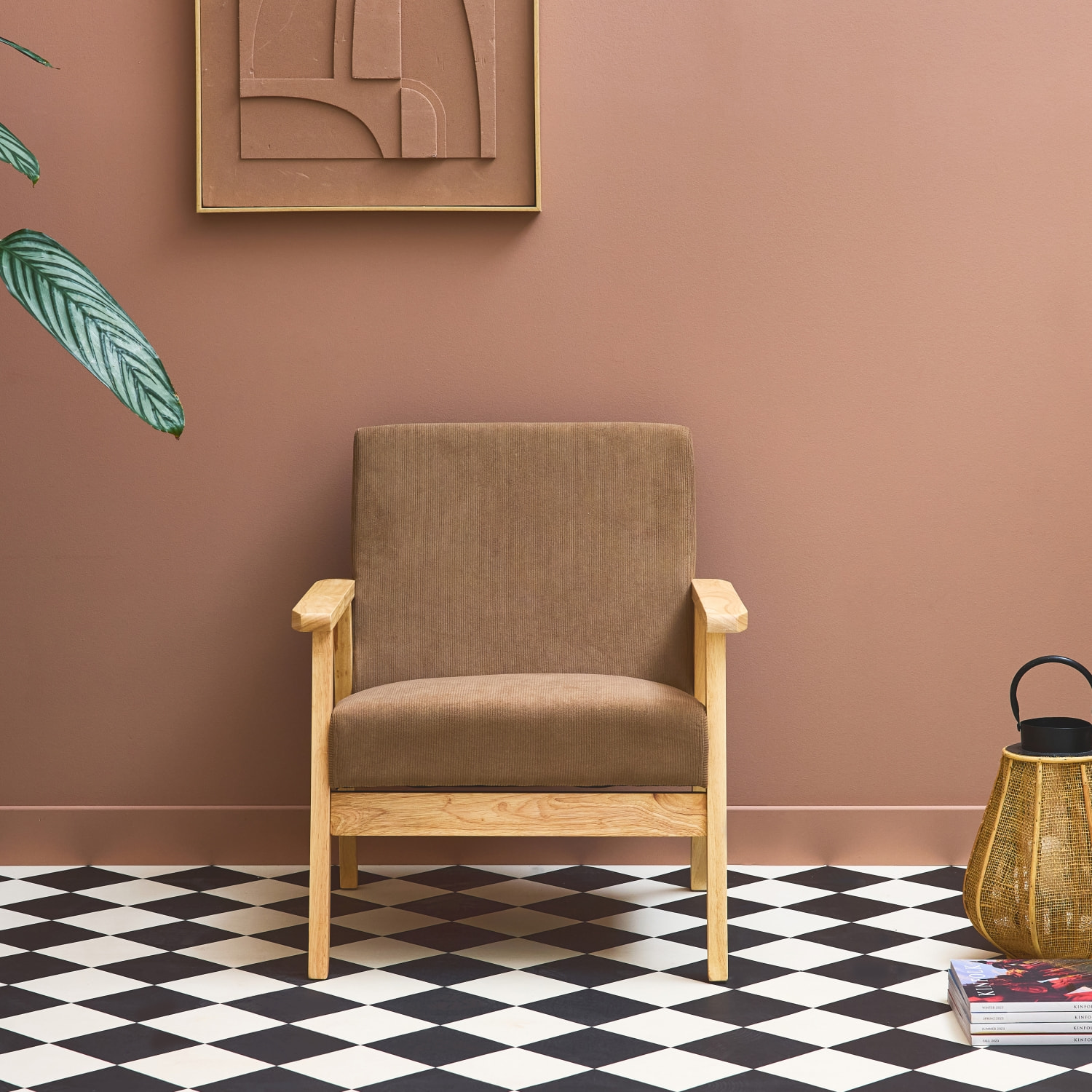 Fauteuil vintage / scandinave structure en bois et contreplaqué et assise en velours côtelé taupe