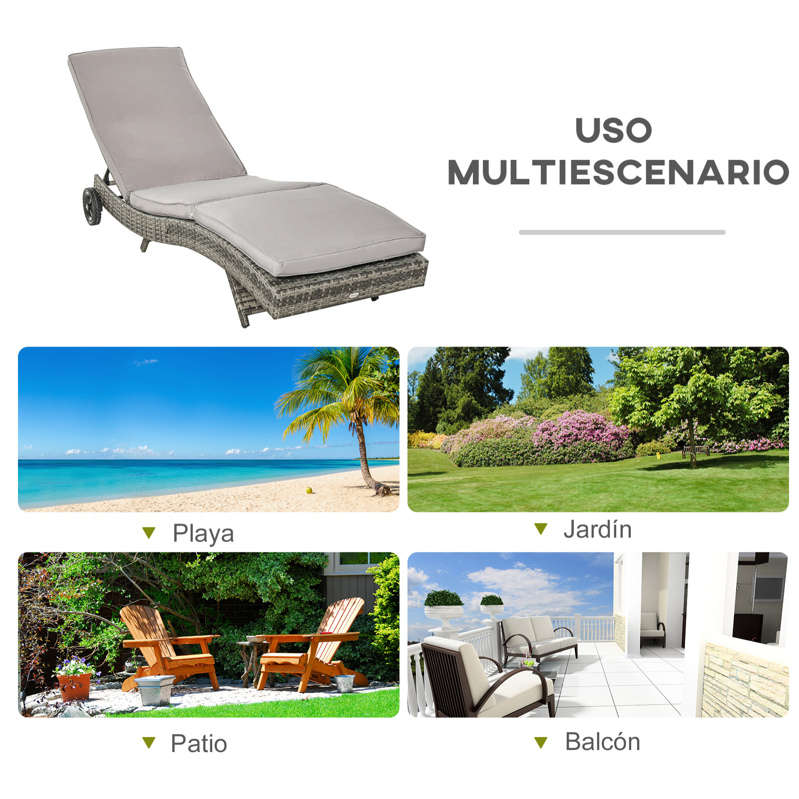 Tumbona de Ratán Reclinable Tumbona de Jardín en Forma de S con 2 Ruedas Respaldo Ajustable en 5 Posiciones y Cojín Extraíble para Patio Terraza 207x70x70 cm Gris Claro