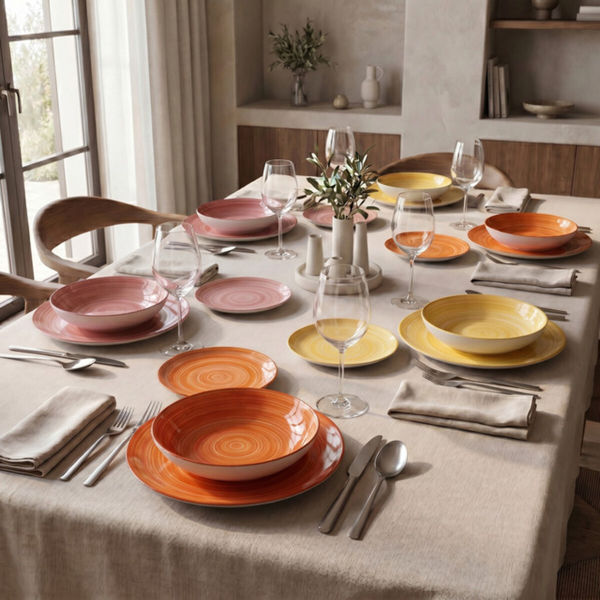 Servizio Tavola da 18 Piatti in Ceramica, lavabile in lavastoviglie e adatto a microonde, Intrecci