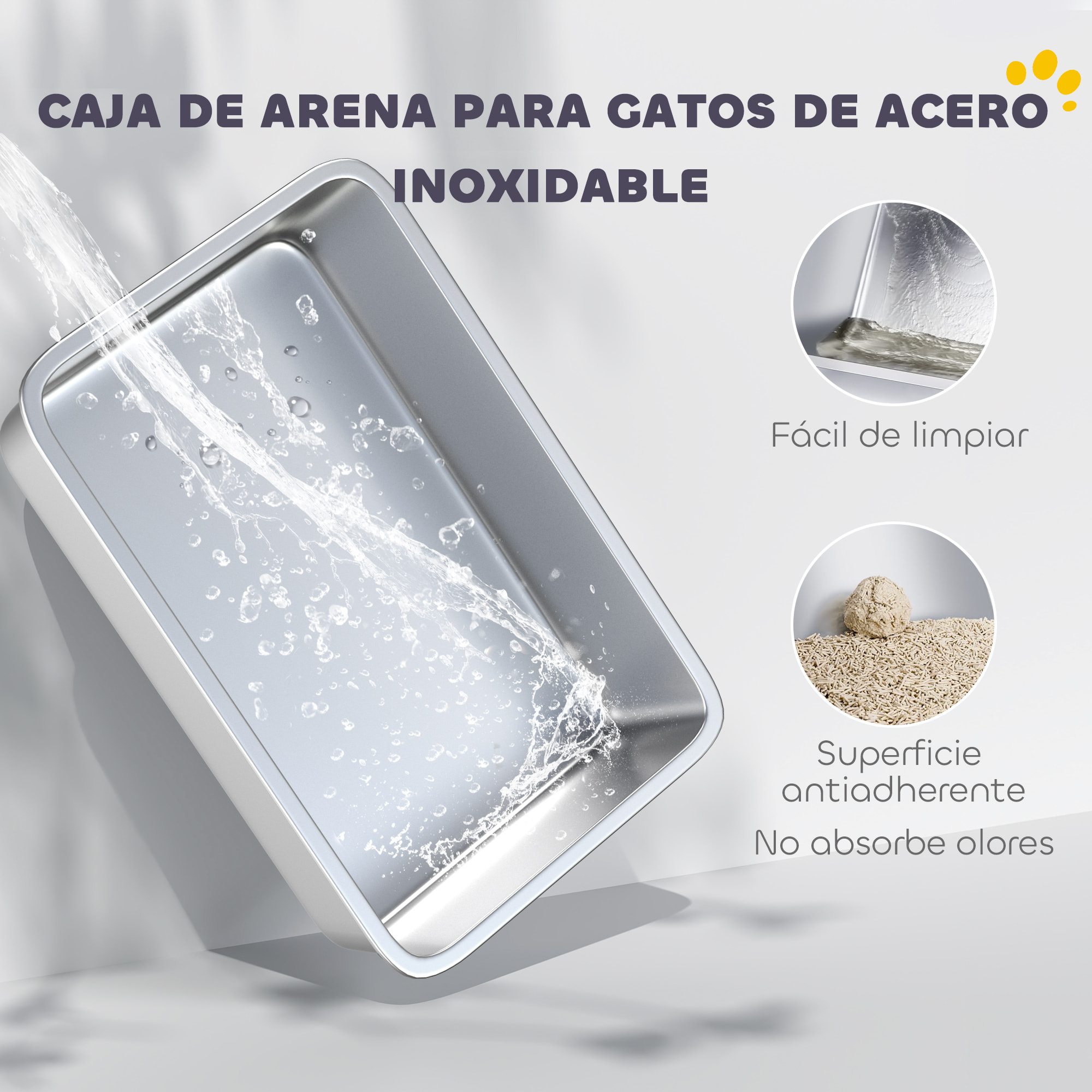 Arenero para Gatos de Acero Inoxidable XL Caja de Arena para Gatos Arenero con Borde Alto Pala Fácil de Limpiar Prueba de Fugas 60x40x29,5 cm Gris