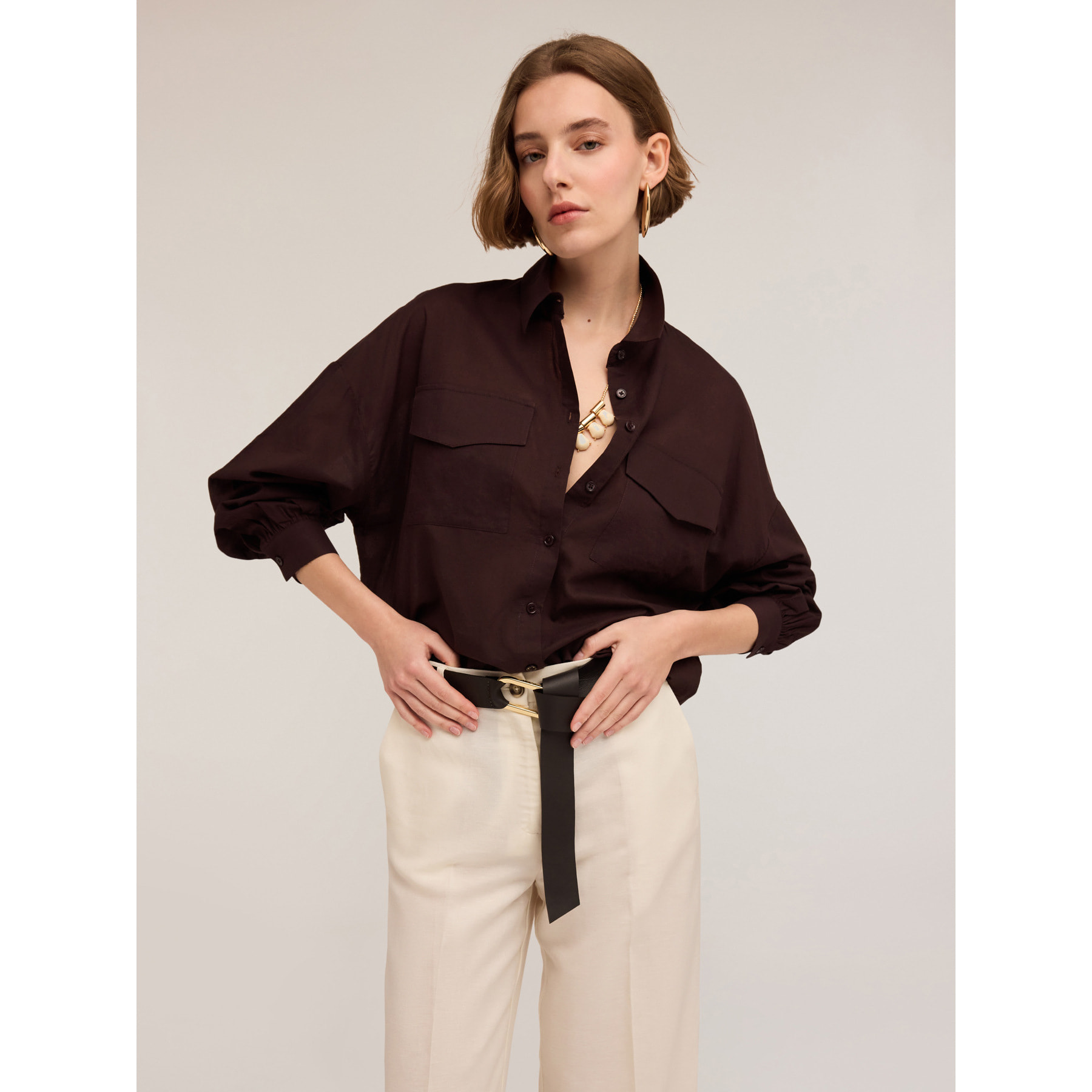 Motivi - Camisa oversize con bolsillos - Marrón