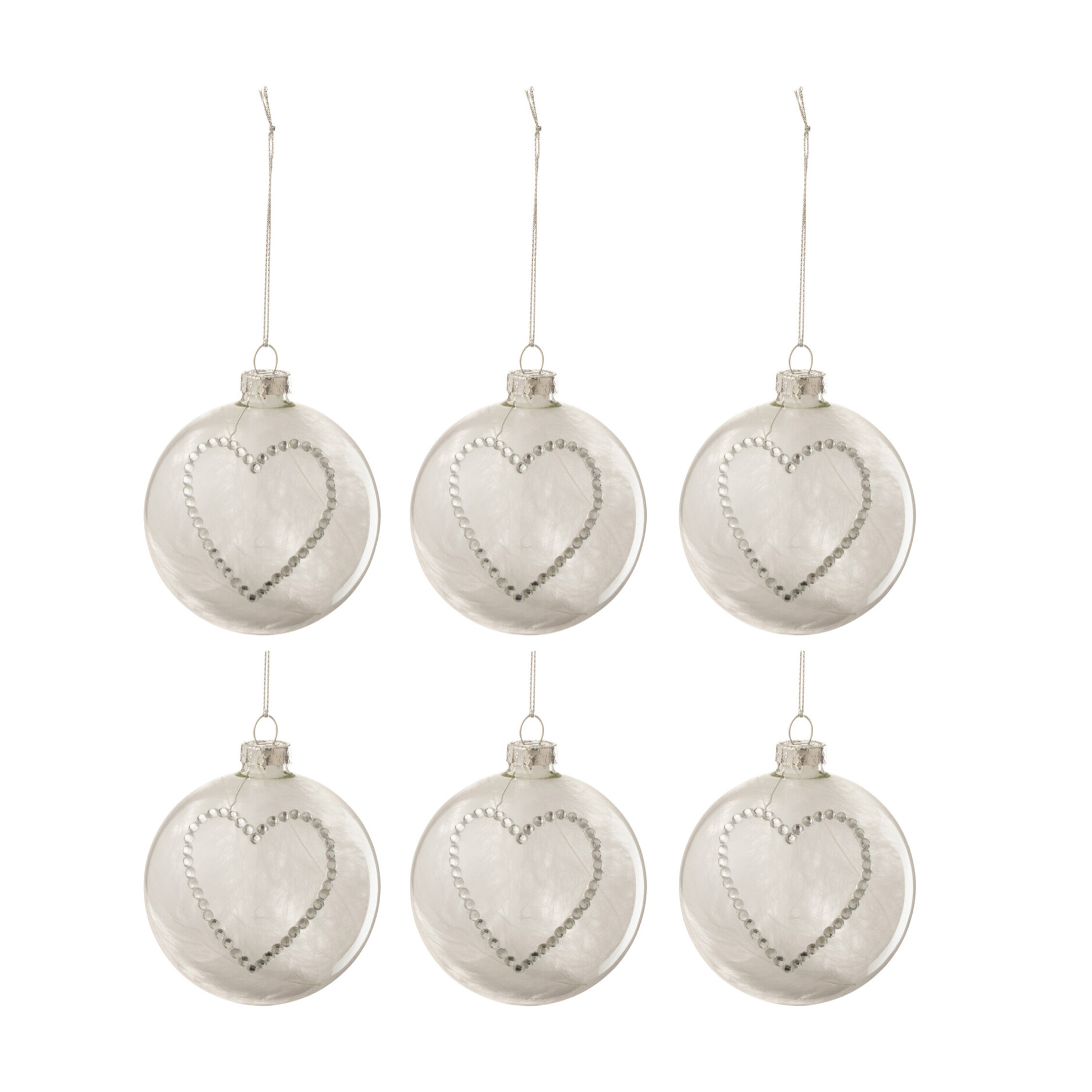 J-Line boule De Noël Coeur Strass - verre/plumes - argent/blanc/transparent - small - boîte de 6