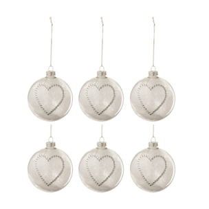 J-Line boule De Noël Coeur Strass - verre/plumes - argent/blanc/transparent - small - boîte de 6