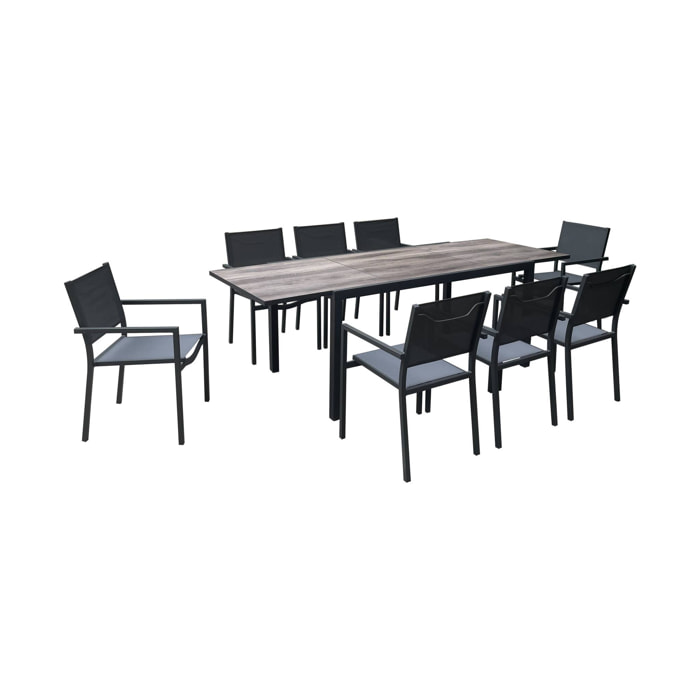 Table jardin extensible aluminium + 8 assises empilables aluminium et textilène