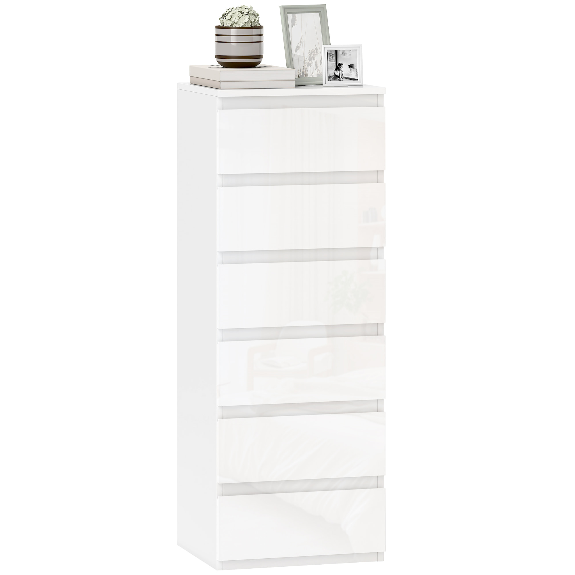 Cómoda 6 Cajones, Cómoda Dormitorio Estrecha de Blanco Brillo, Sinfonier, Ahorro Espacio, Cajonera para Sala de Estar, Comedor, Entrada, 40x35x109 cm