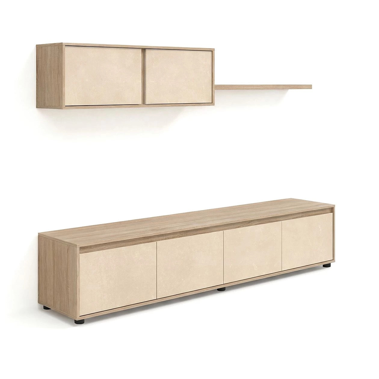 Salón con mueble de TV y estantería en roble canadian y efecto microcemento beige 200 cm Arlet Roble Canadian - Microcemento Beige
