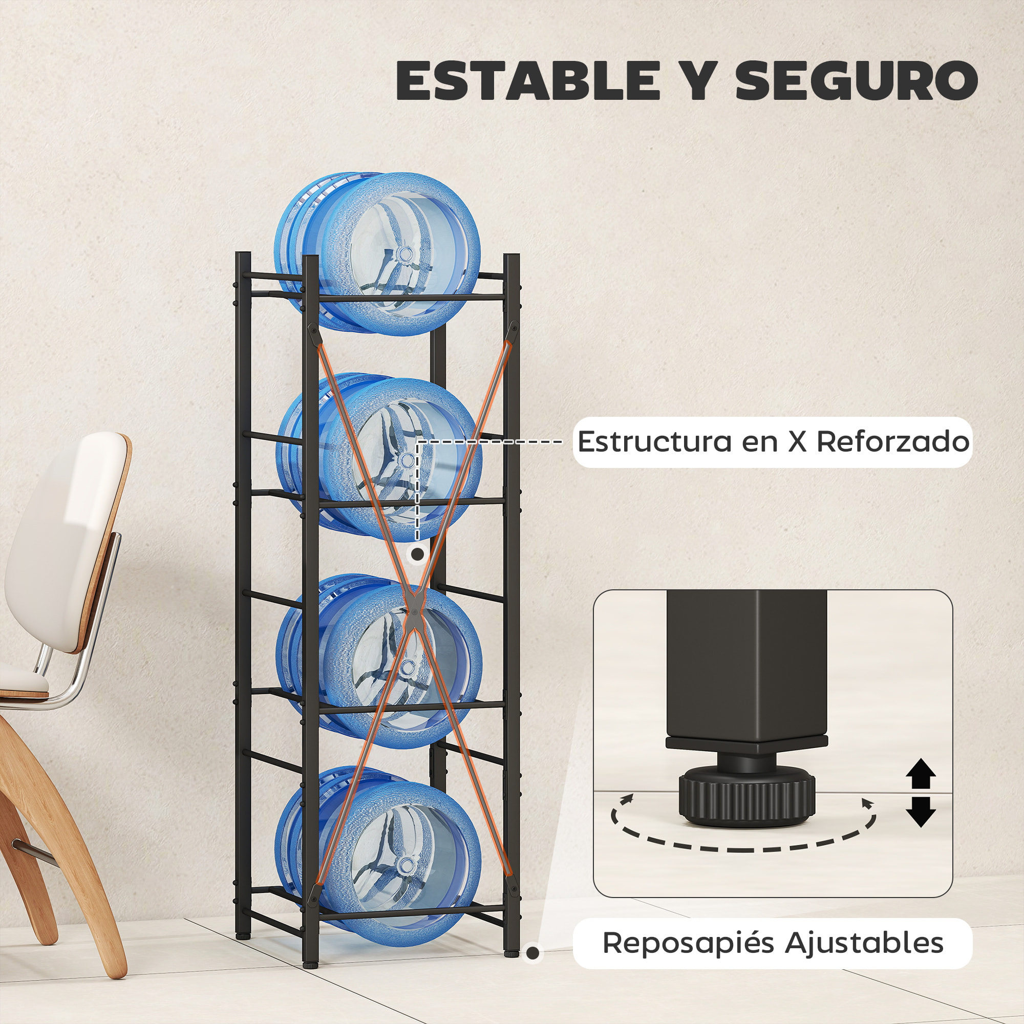 Soporte para Garrafones de Agua de 4 Niveles Estante de Almacenamiento para Botellas de Agua con Estructura de Metal Reforzada para Cocina Comedor Sala de Estar Negro