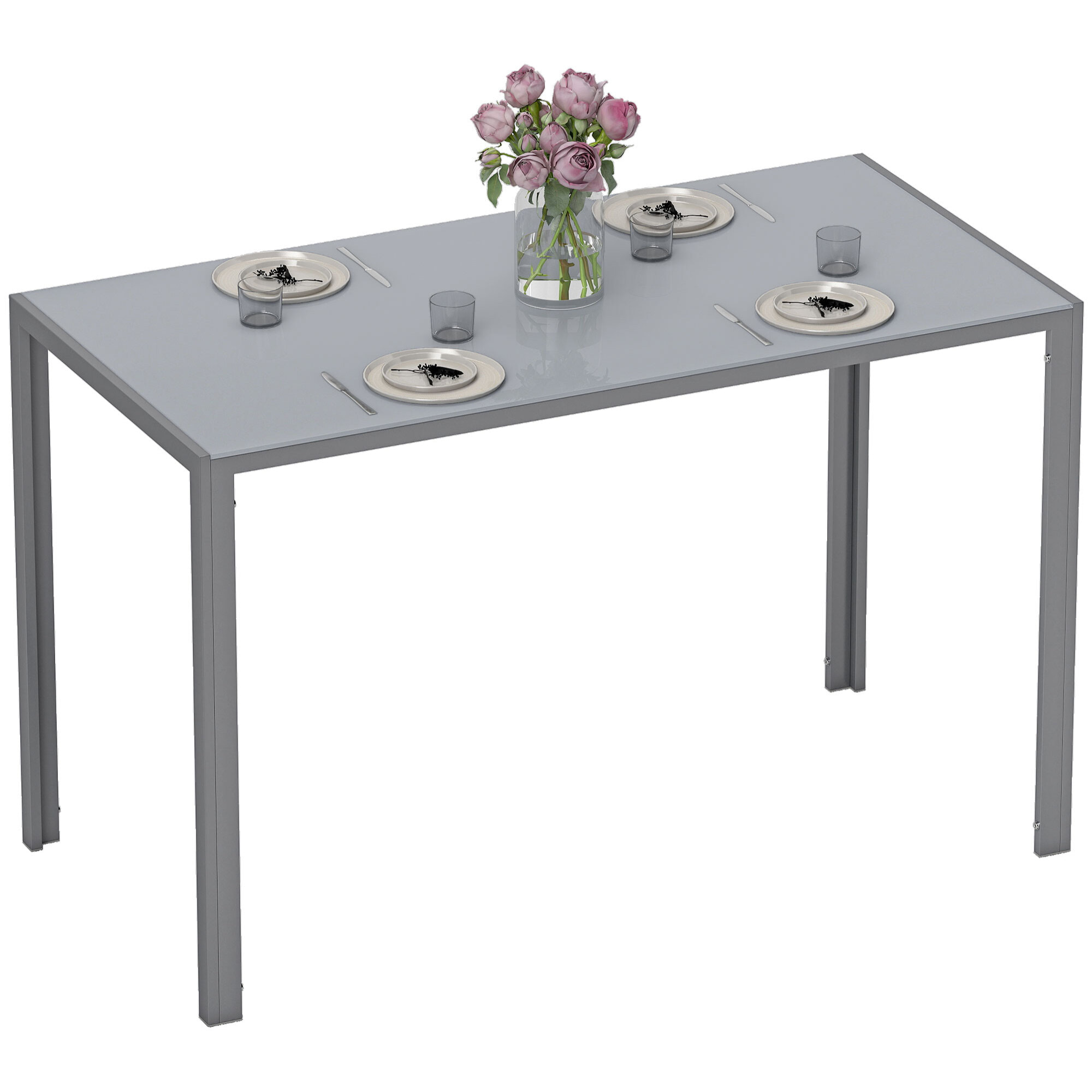 Mesa de Comedor de Cristal, Mesa Rectangular para 4-6 Personas con Patas de Metal, para Cocina, Salón, 120x60x75 cm, Gris
