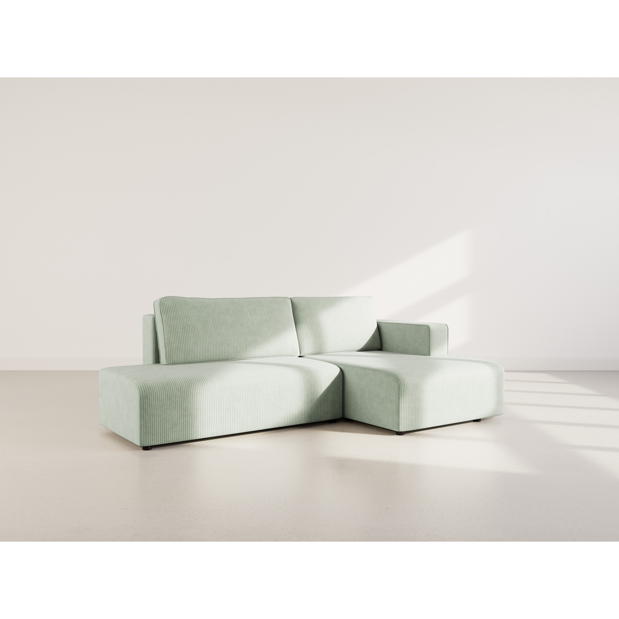 Topaze - canapé d'angle droit 4 places convertible avec coffre en velours côtelé - Vert sauge