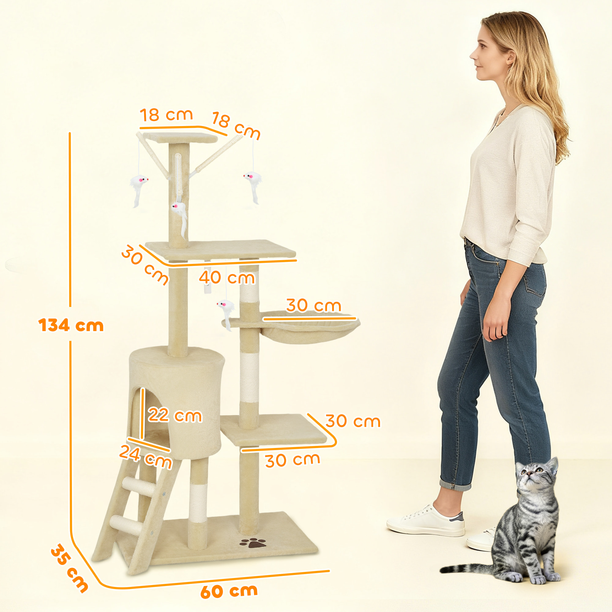 Árbol Rascador para Gatos Grande, Árbol para Gatos, Altura 134 cm, Torre de Escalada con 6 Postes de Sisal, 3 Plataformas, 1 Cueva, 1 Hamaca, 1 Escalera, 4 Juguetes Colgantes, Beige