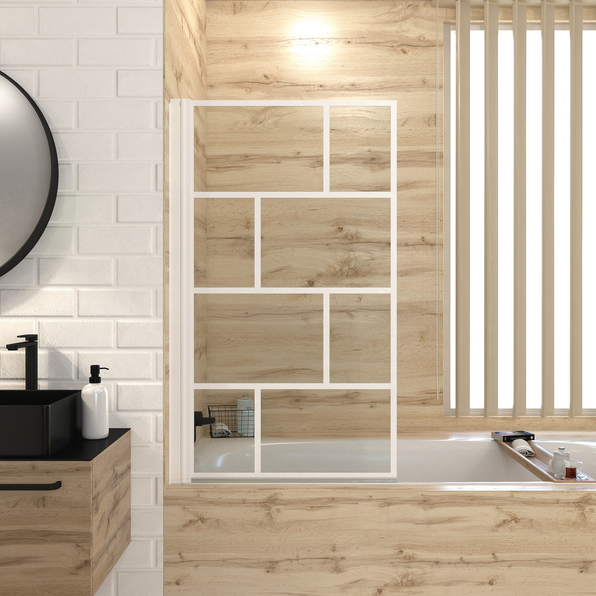Pare Baignoire Rabattable 75x125cm - Sérigraphie Briques Blanches - Verre Trempé 4mm