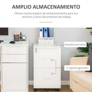 Cajonera de Oficina Mueble Auxiliar para Archivos con 2 Cajones Cerradura de 2 Llaves 5 Ruedas y 2 Frenos para Estudio Despacho Dormitorio 43x45x72 cm Blanco