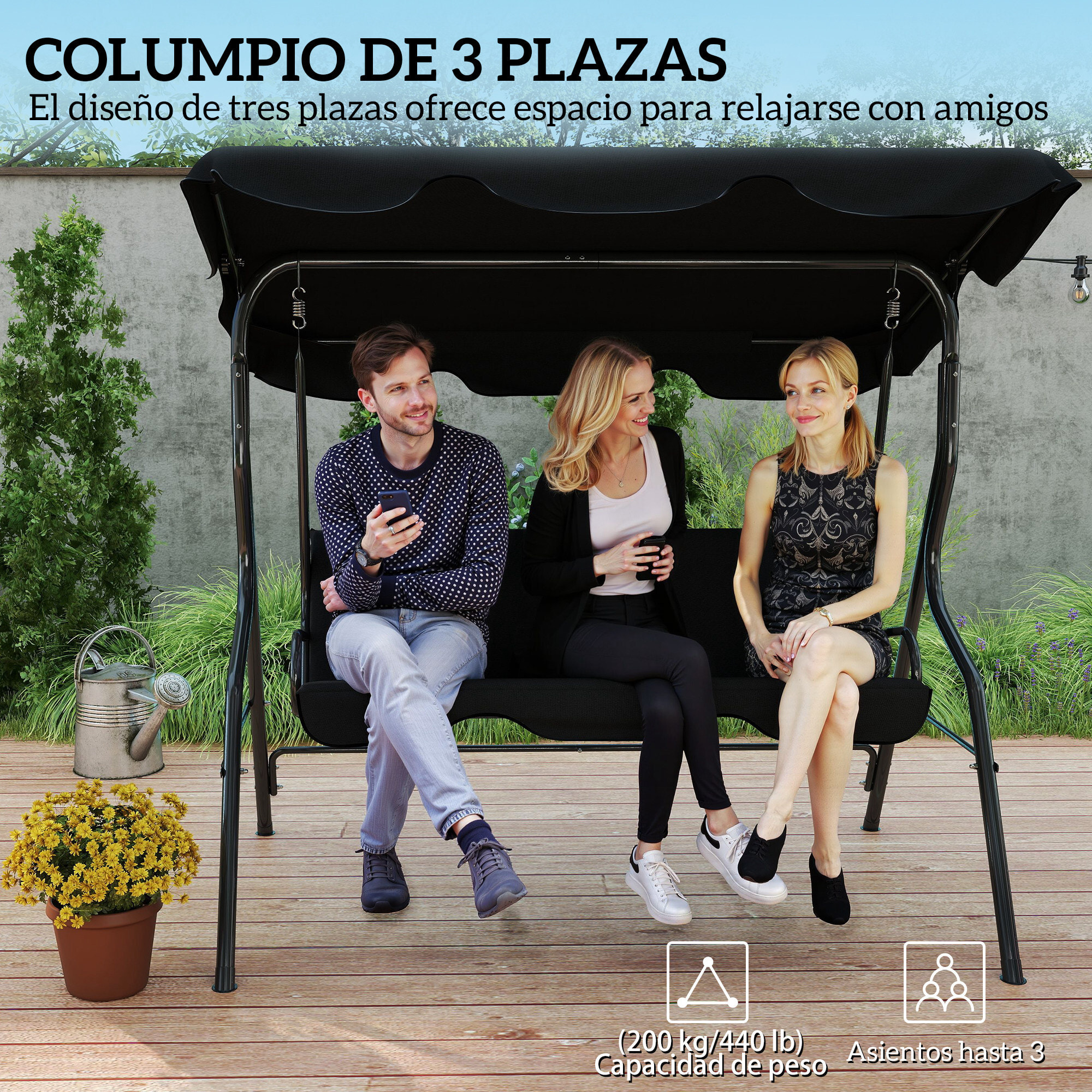 Columpio de Jardín de 2-3 Plazas, Balancín de Exterior con Toldo Ajustable en Ángulo, Impermeable y Marco de Acero, para Patio, Balcón, 170x110x153 cm, Negro
