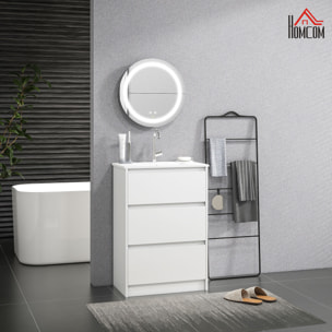 Conjunto de Baño Incluye 1 Mueble de Baño con Lavabo 61x37x88 cm y 1 Espejo de Baño con Luz LED Antivaho Interruptor Táctil Ø50x4,6 cm Blanco Brillante y Plata