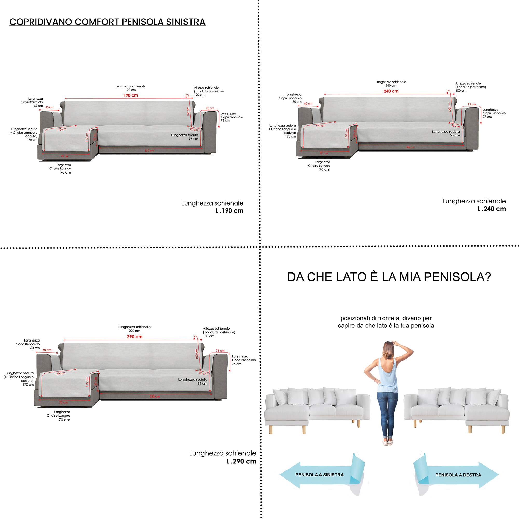 COPRIDIVANO PENISOLA SINISTRA COMFORT, Antiscivolo, Cotone+Microfibra+Fibre Varie, Made in Italy - GRIGIO SCURO
