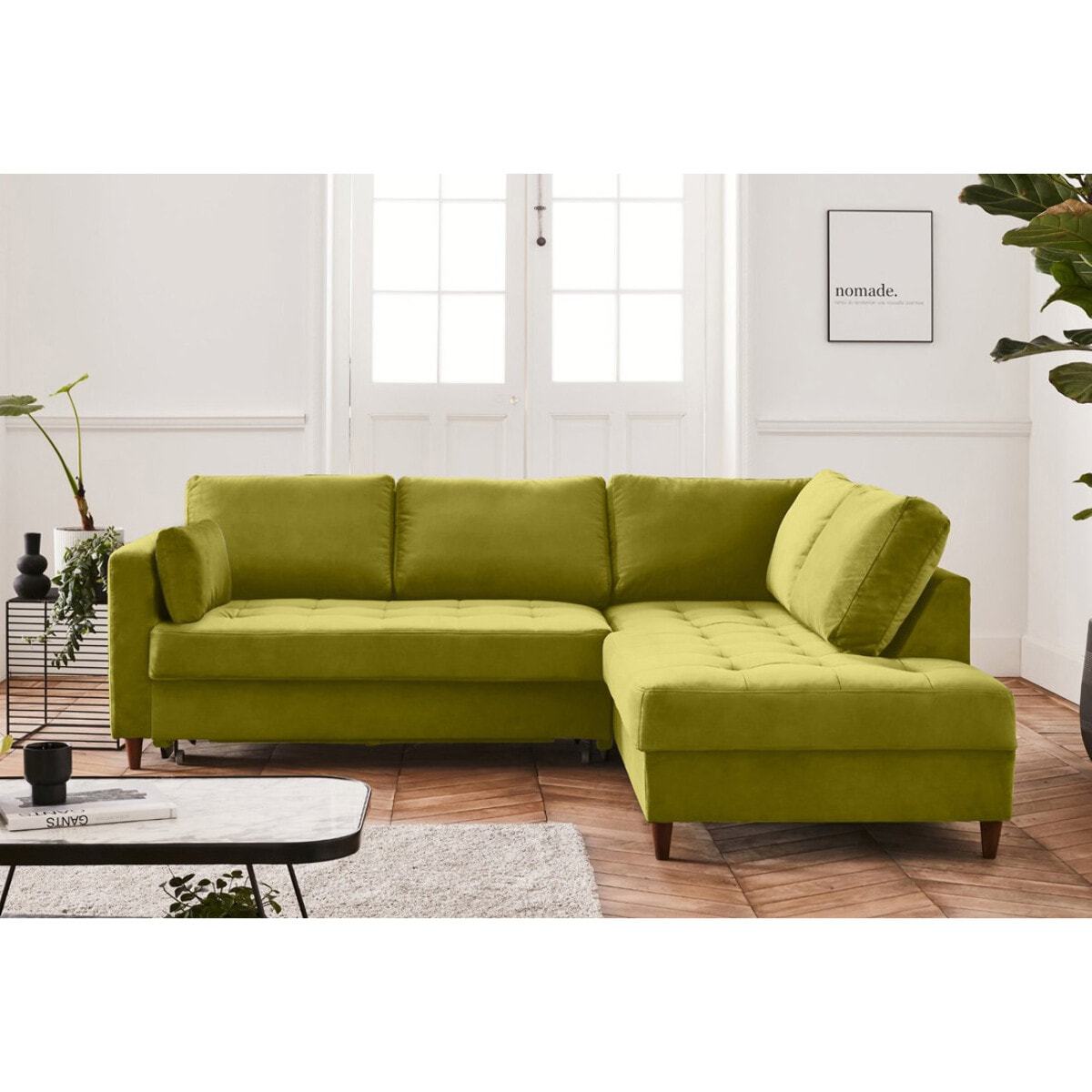 Anna - canapé d'angle droit - 5 places - convertible - en velours - Vert Olive